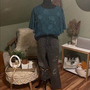 Old Navy Teal Blouse and Gray Distressed Jeans